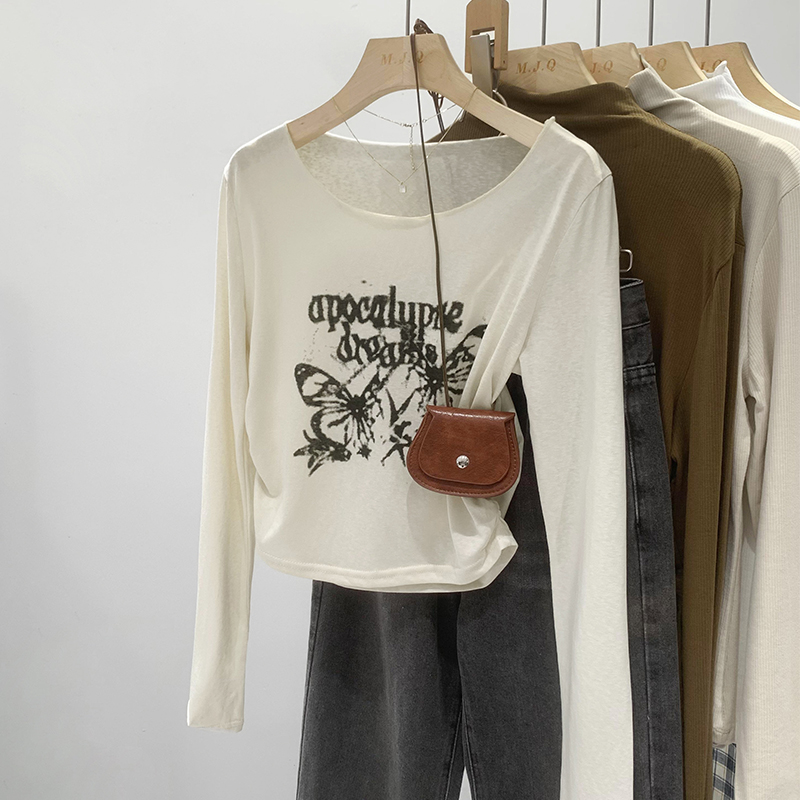 Jin Liang official picture 6535 stretch cotton high-rise printed pleated long-sleeved T-shirt women's design niche short top