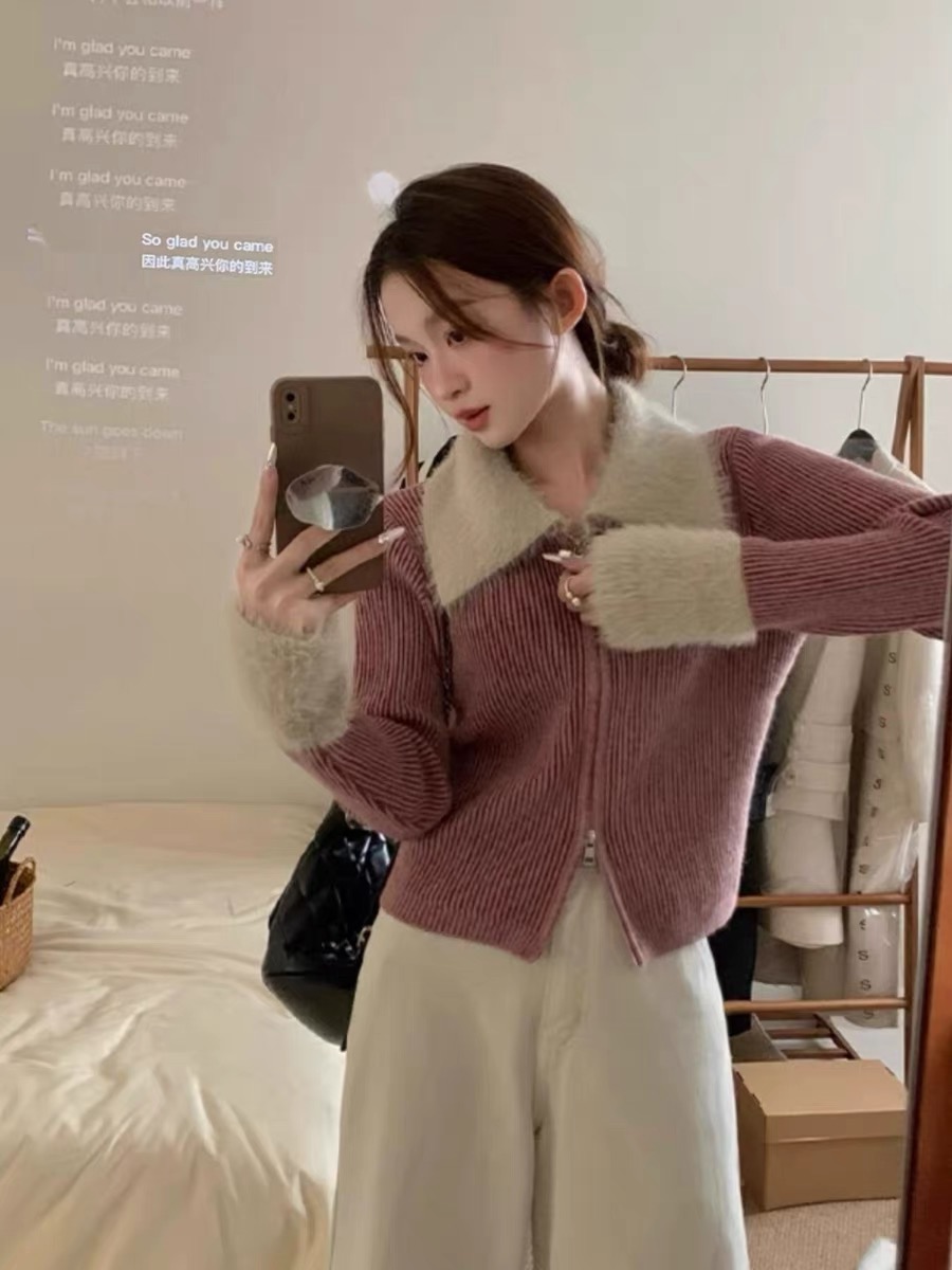 韓系撞色拼接毛領條紋雙拉鏈毛衣女冬款百搭保暖翻領長袖毛針織衫