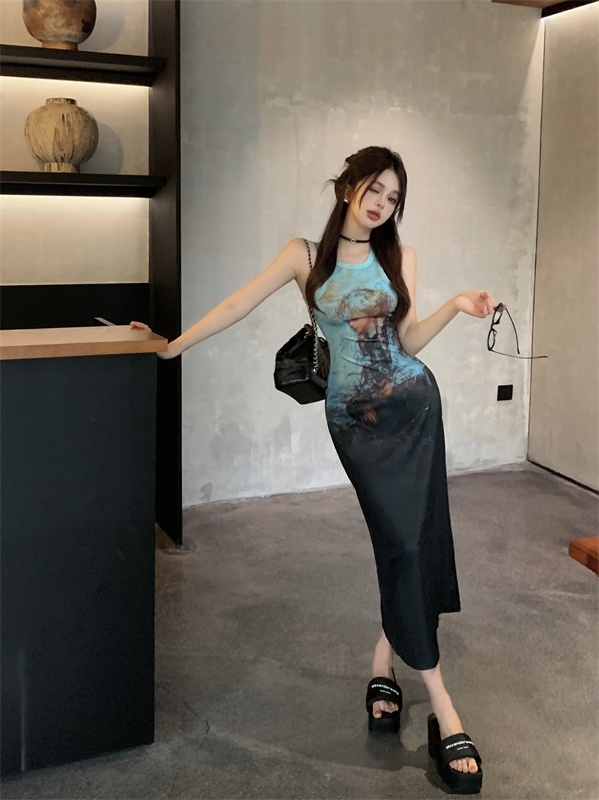 實拍  設計感印花彈力收腰無袖背心長款連衣裙長裙