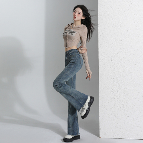 Actual shot of 2024 early spring new small trumpet slightly flared raw edge stretch slimming jeans for women