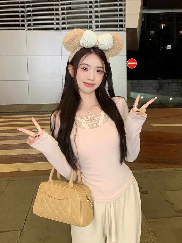 Already shipped Korean fake two-piece spliced ​​lace halterneck long-sleeved T-shirt for women spring tight short inner top