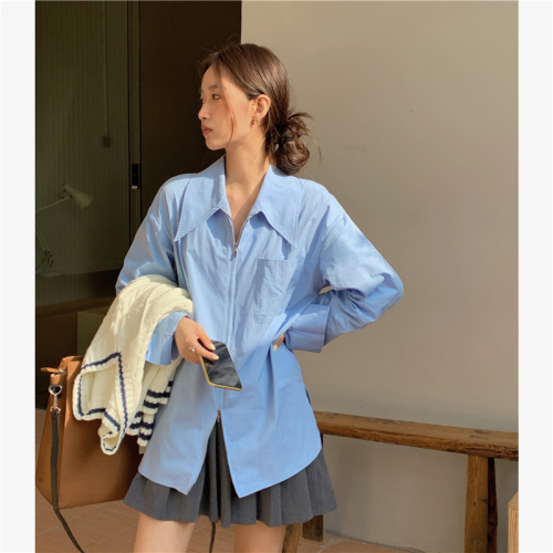 French high-end blue shirt trendy 2024 spring design niche base shirt with chic long-sleeved top