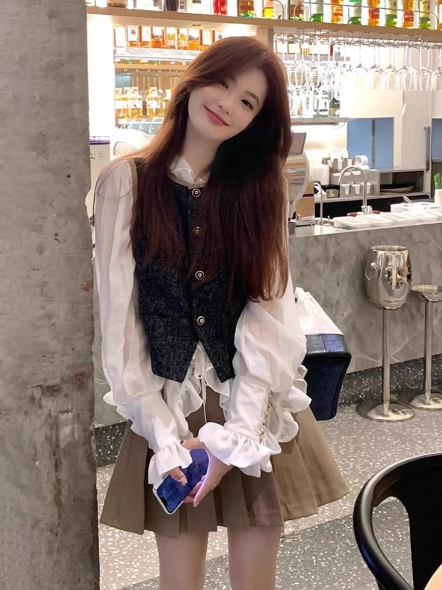 小個子穿搭一整套學院小香風黑色馬甲襯衫兩件套裝女新款秋季