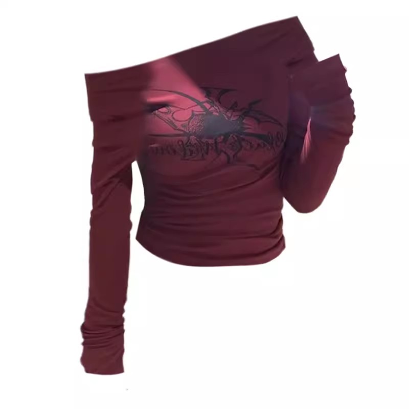 Official photo Hot girl retro one-shoulder long-sleeved T-shirt women's large size slightly fat mm oblique shoulder bottoming shirt top