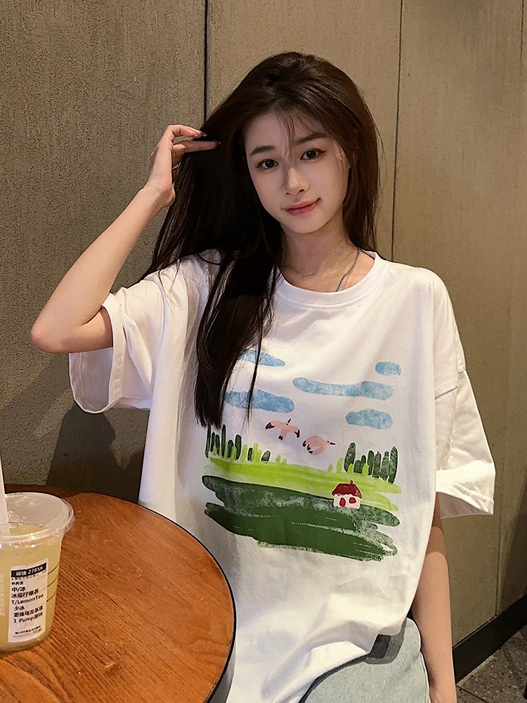 Original~real shot~printed cotton short-sleeved T-shirt women's printed half-sleeved top