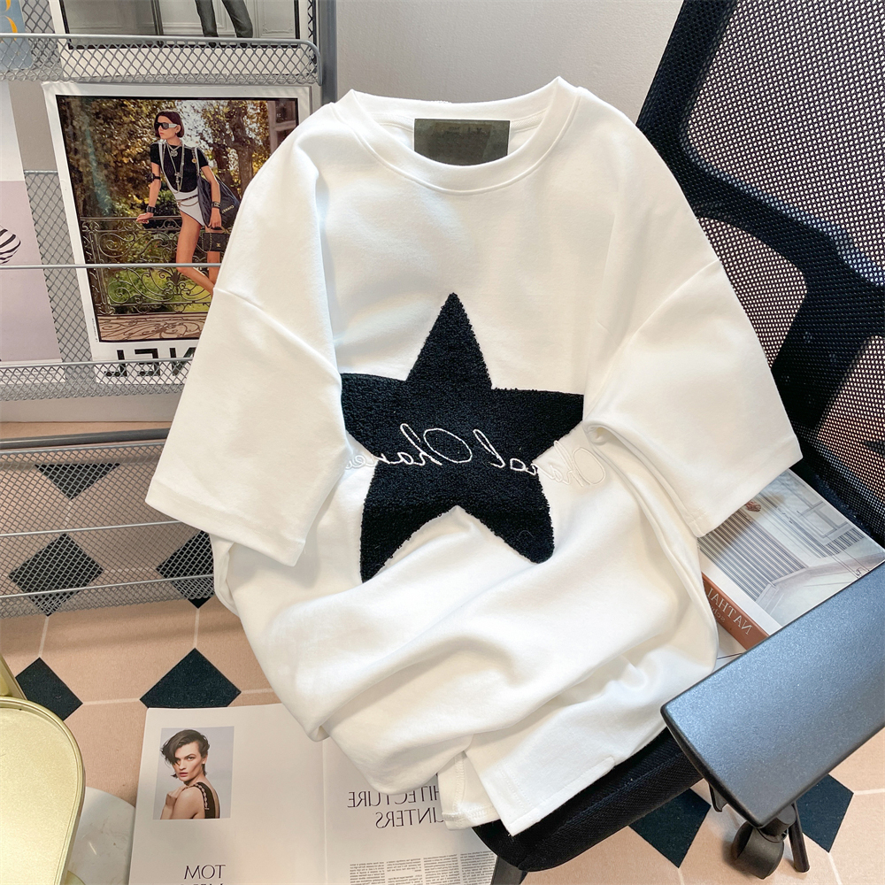 美式潮牌oversize星星刺繡短袖t恤男女夏季ins港風正肩體恤衫上衣