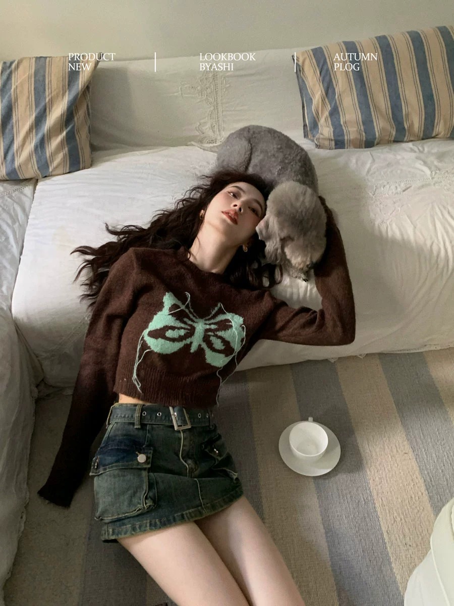 大於詩集撞色蝴蝶流蘇馬海毛針織衫毛衣女時髦小眾短款寬鬆上衣秋