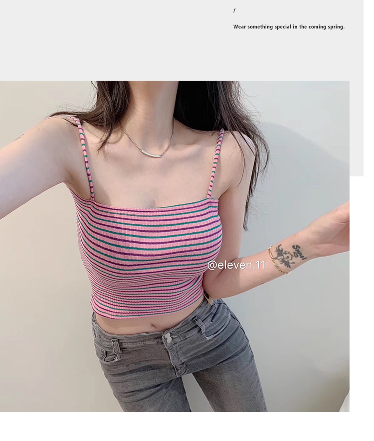 泫雅風時尚拼色小吊帶背心韓版短款修身洋氣條紋打底衫夏新款