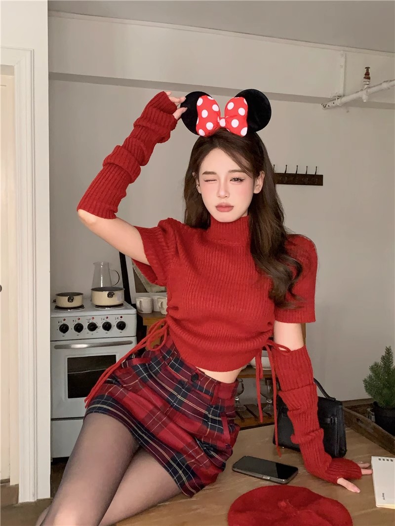 復古紅色半高領袖套針織衫女冬季設計感抽繩修身短款毛衣