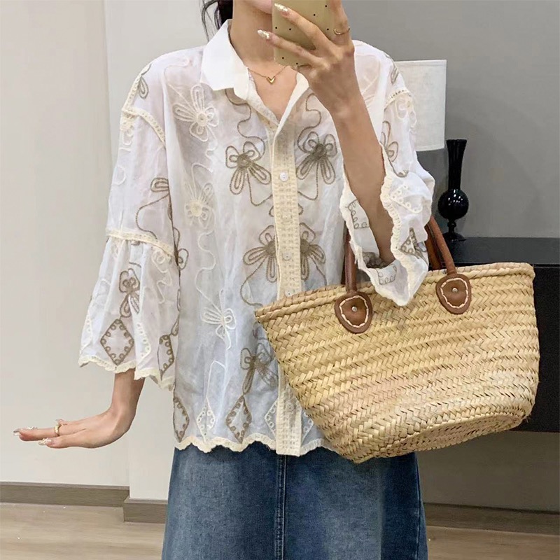 2024 Spring and Autumn Retro Design Long Sleeve Lapel Loose Slim Single Breasted Embroidered Sequin Shirt Women's Top