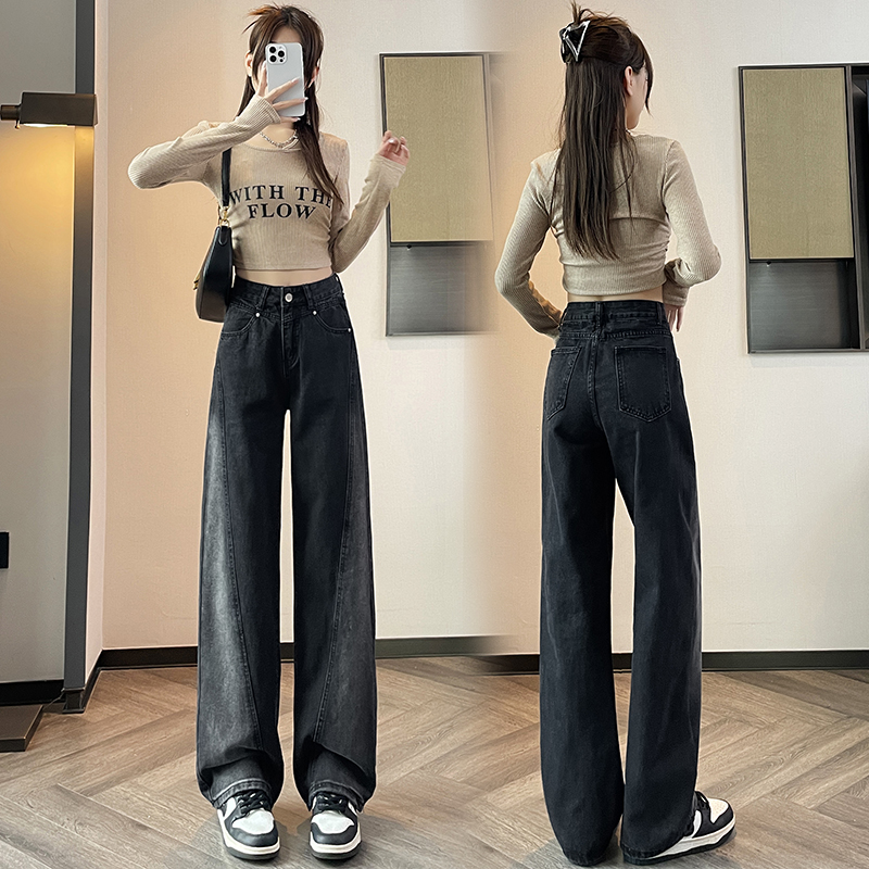 實拍2024早春時尚潮流直筒闊腿寬鬆美式復古牛仔褲女