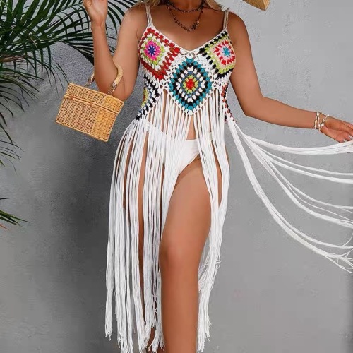 Casual holiday hand hook sexy suspender hollow long tassel solid color seaside beach swimsuit bikini cover-up skirt for women