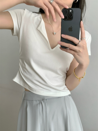 Actual shot of the new spring and summer Korean style slim-fitting semi-open collar pleated design pure cotton short-sleeved T-shirt top