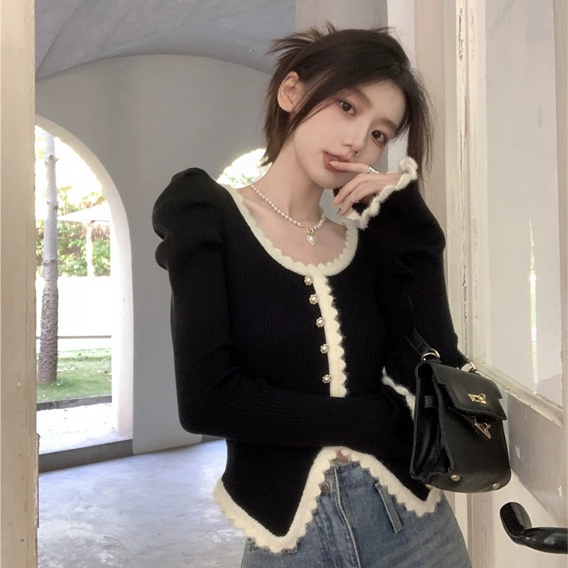 法式花邊撞色短款毛衣女秋冬不規則氣質修身內搭打底針織開衫上衣