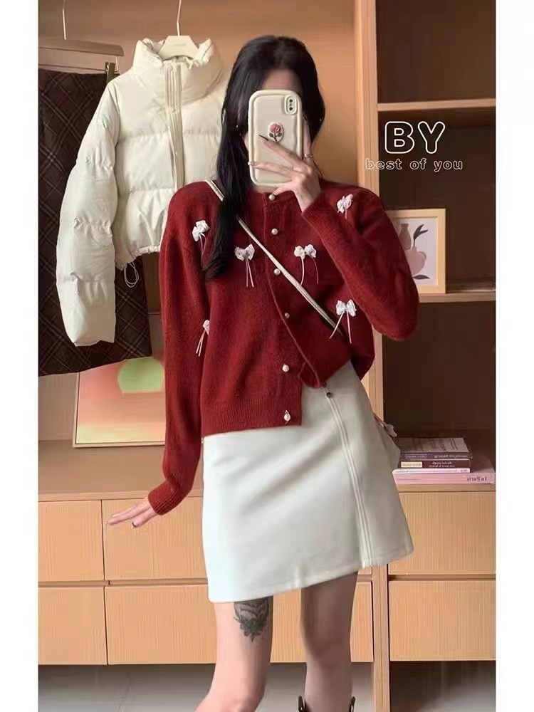 溫柔風甜美蝴蝶結毛衣女新品冬裝小眾設計感針織毛衣女士開衫外套