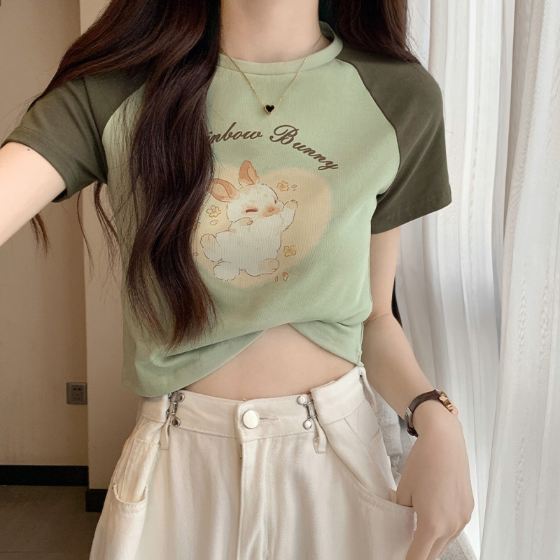 Pink sweet and cute bunny with right shoulder short-sleeved T-shirt for women summer slimming short bottoming ins top