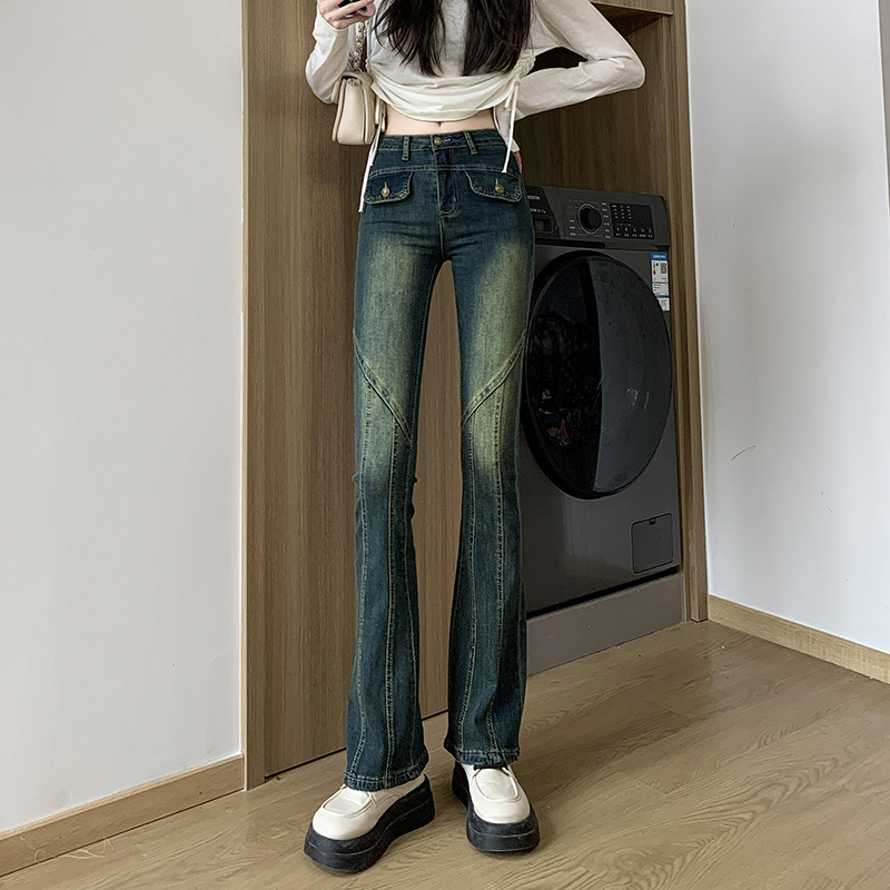 實拍2024早春時尚潮流喇叭復古牛仔褲女