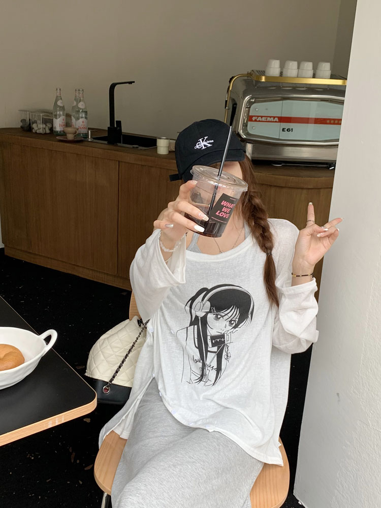 Actual shot of new slanted shoulder long-sleeved T-shirt thin sun protection top
