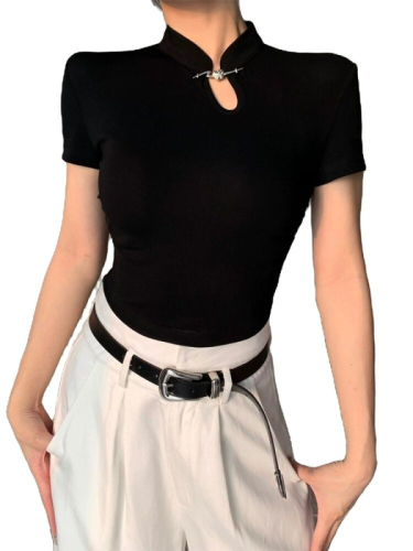 黑色正肩短袖t恤女夏季2024新款设计感小众改良旗袍中式国风上衣