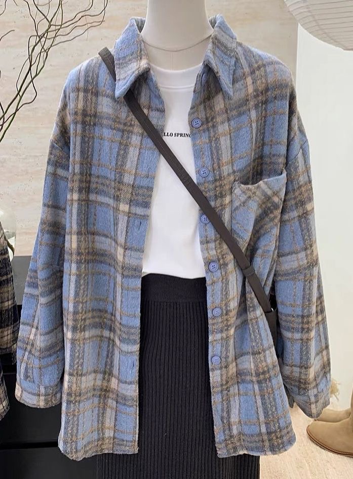 American retro lazy burgundy brushed plaid shirt jacket women's autumn and winter loose and versatile mid-length shirt