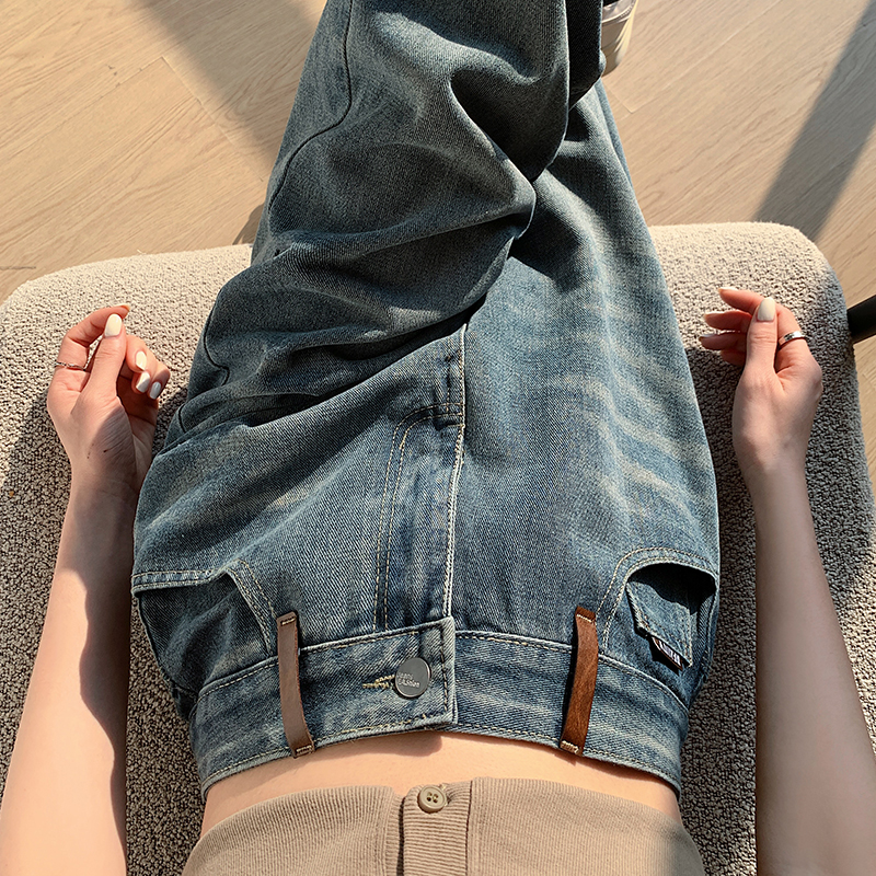 實拍大碼女裝新款高腰設計感拼接顯瘦百搭牛仔褲胖mm哈倫老爹褲