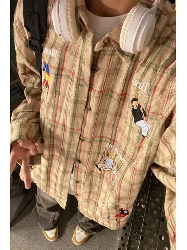 美式復古長袖格子襯衫外套女男秋冬加厚寬鬆刺繡襯衣夾克