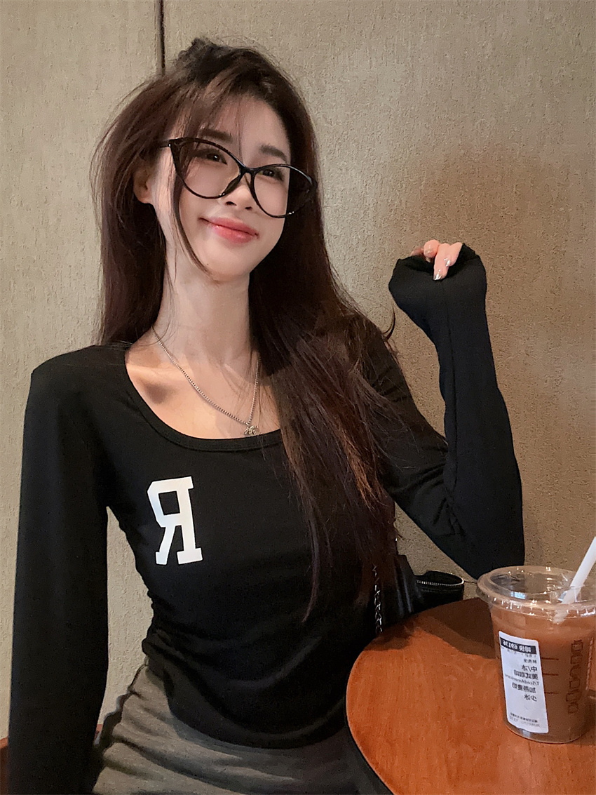 Actual shot Spring new letter printed bottoming shirt women's slim long-sleeved T-shirt