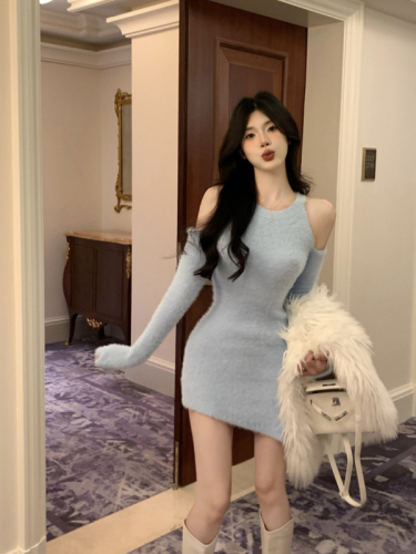 Real shot of waist and hip pure desire halterneck off-shoulder knitted dress for women winter slimming bottoming hip skirt