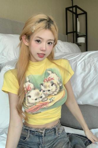 美式猫咪无袖圆领黄色背心上衣夏季多巴胺女孩穿搭甜辣妹短款T恤