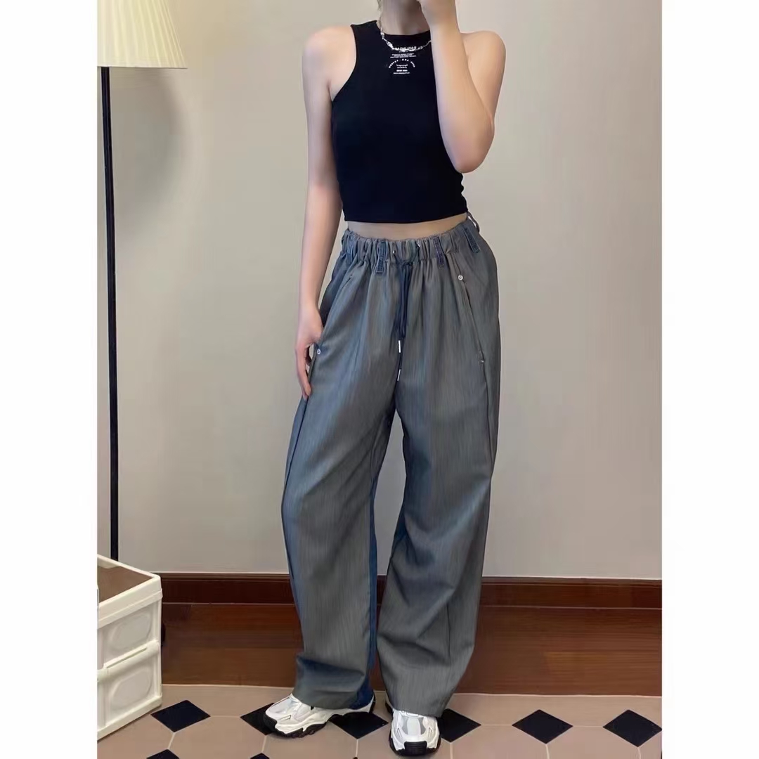 Spring and Autumn New Style Dark Gray High Waist Contrast Color Spliced ​​Jeans Women's Loose Drape Casual Wide Leg Pants Long Pants