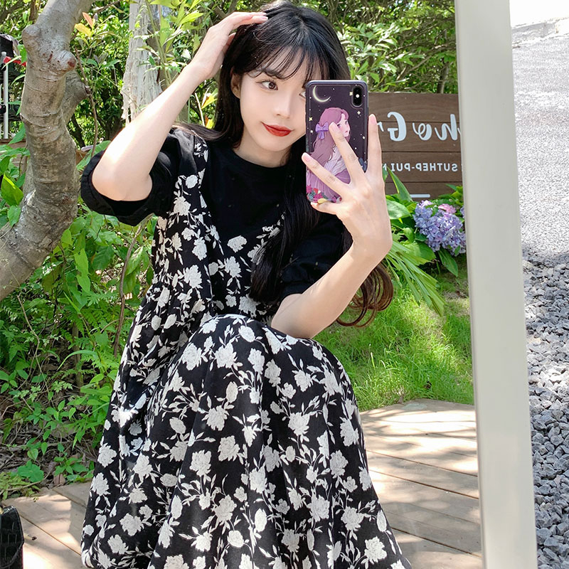 溫柔風假兩件背帶連衣裙2024年新款胖mm寬鬆藏肉碎花長裙子女夏天
