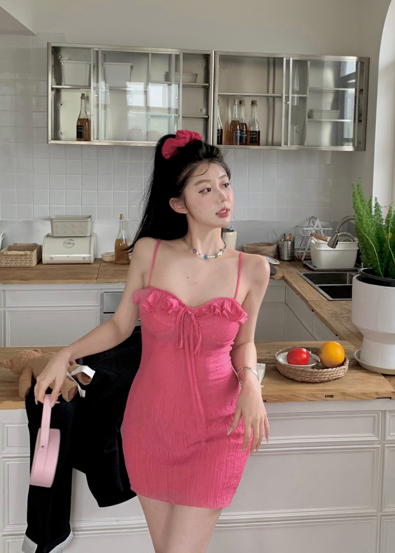 Real shot of Berry Smoothie/Summer Rose Pink Suspender Dress Women’s Short Hip Skirt