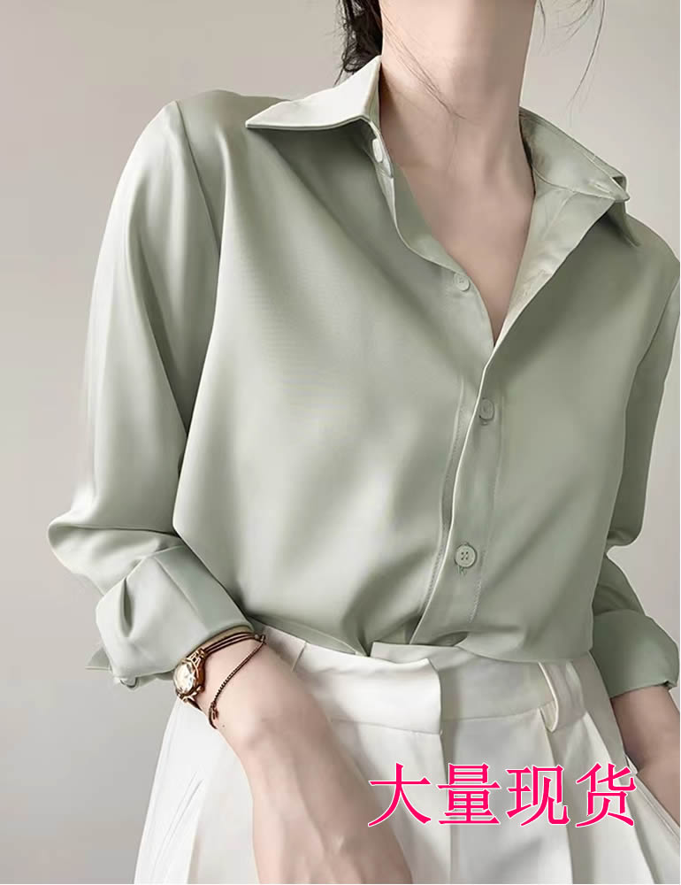 ACHU 率性簡約 高級感綠色緞面襯衫女通勤襯衣設計感小眾上衣春款