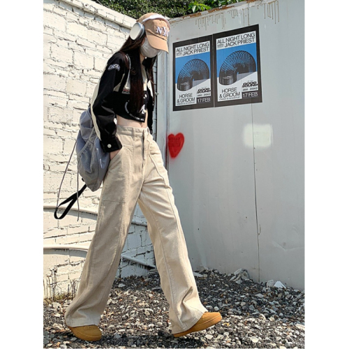 Maillard Retro Coffee Brown Corduroy Overalls Women's Spring and Autumn High Waisted Wide Leg Straight Pants 2024 New Style