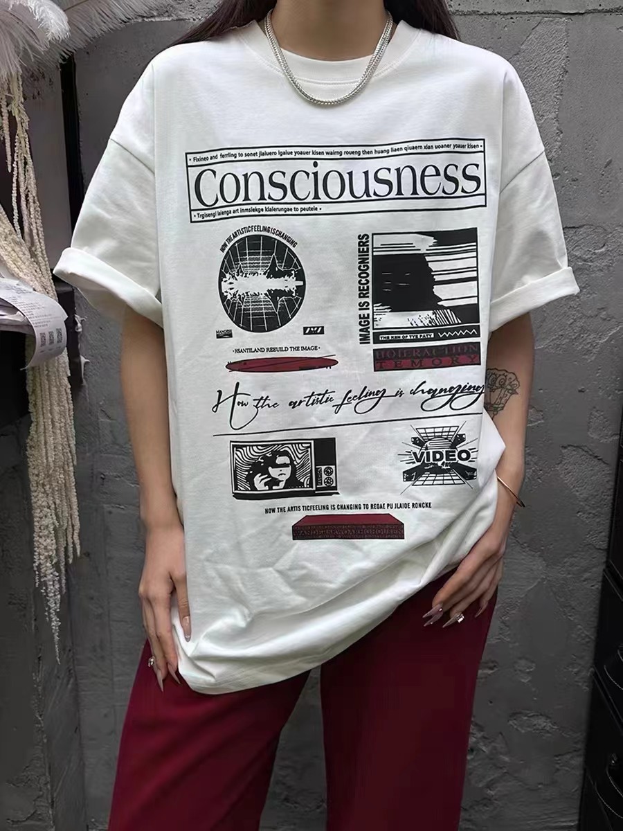 官圖 高品質 純棉小眾人物趣味印花休閒百搭寬鬆短袖T