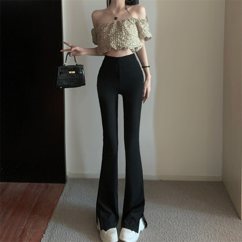 Real shot!  !  Micro-flared slit casual pants for women, new high-waist slim black straight pants