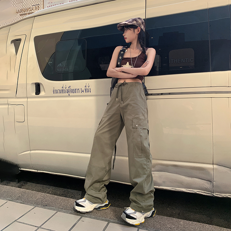 Photographed American retro hot girl wide-leg drawstring ankle-length work pants straight-leg casual pants women & long pants extended