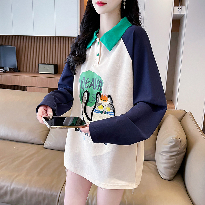 Real shot 2024 new spring clothing Korean style loose pique fabric POLO collar cartoon embroidered bottoming shirt T-shirt for women