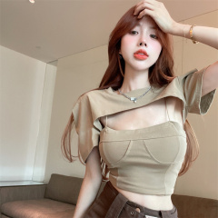 Photographed Sweet and Spicy Style Tank Top Bodysuit with Slimming Short Sleeve Tunic Set of Two