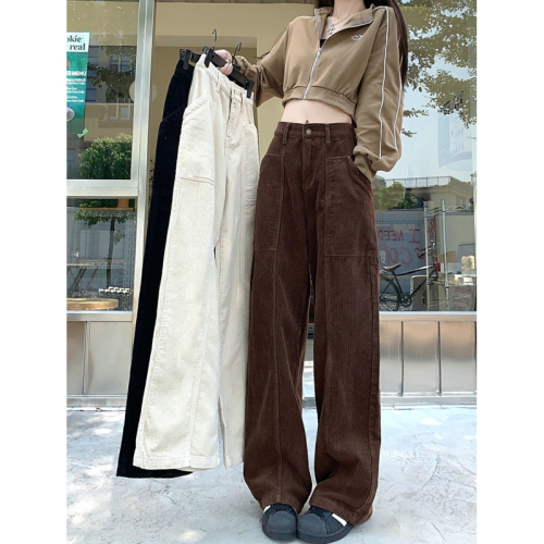 Maillard Retro Coffee Brown Corduroy Overalls Women's Spring and Autumn High Waisted Wide Leg Straight Pants 2024 New Style