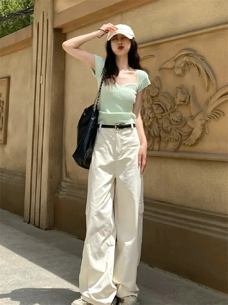綠色正肩短袖小上衣辣妹美式復古高腰白色工裝休閒褲子女夏季套裝