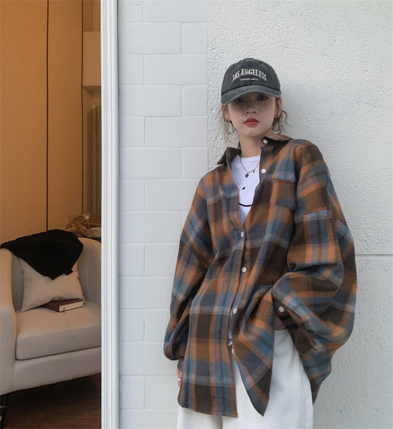 Power style retro plaid shirt for women early spring new shirt cardigan chic Korean style top jacket