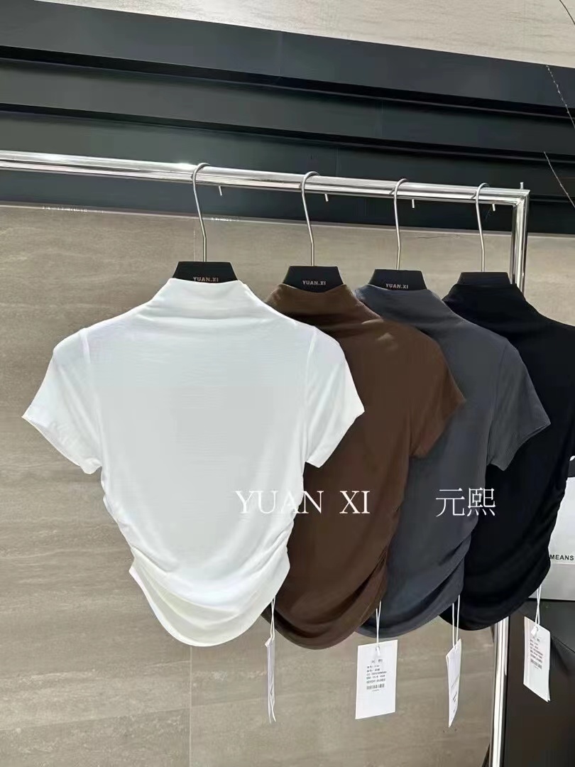 Half-high collar double-sided pleated waist short T-shirt for women 2024 spring Korean style temperament solid color cotton versatile stretch t