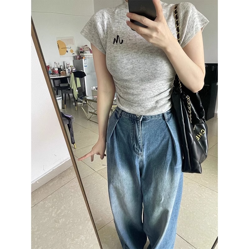 Embroidered 40 count 92 cotton 8 spandex 210g back collar design pleated hot girl tight T-shirt