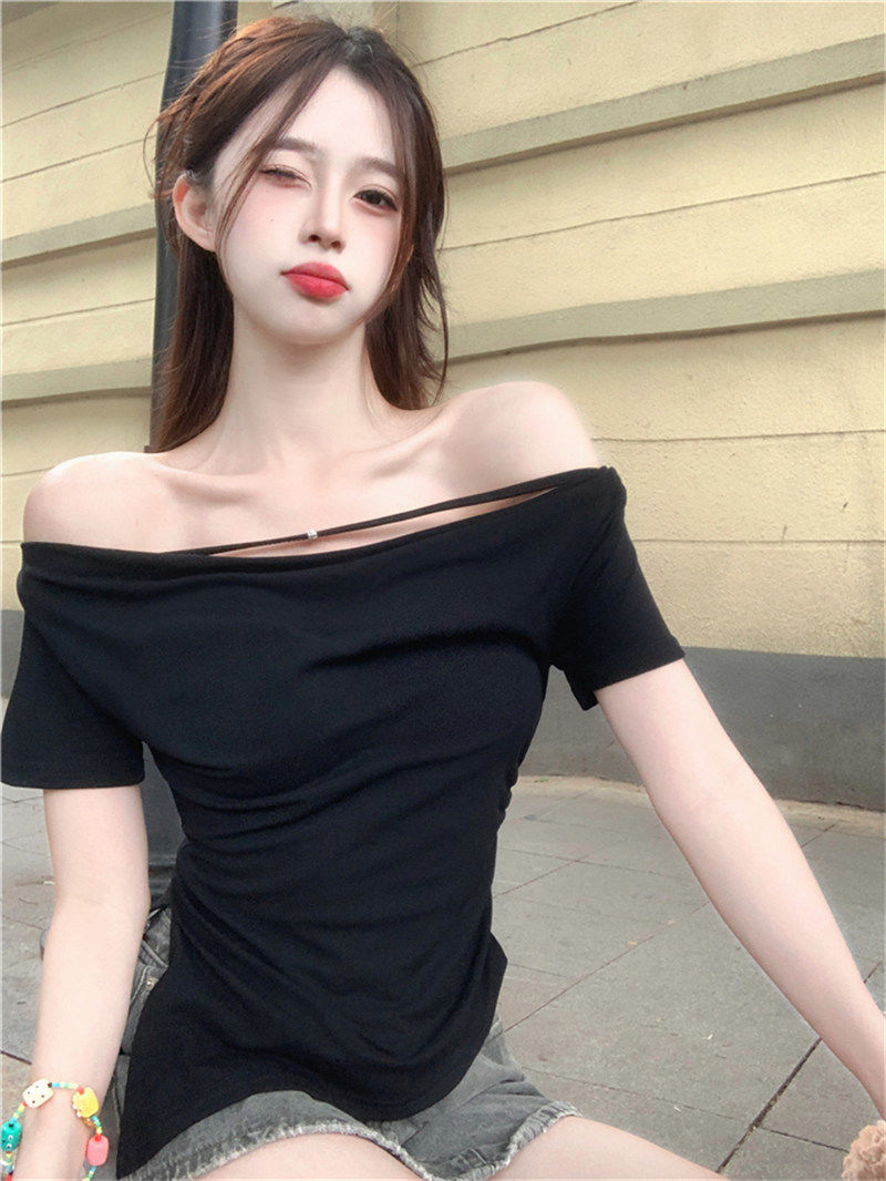 Official Photo 260 Customized summer new one-shoulder short-sleeved T-shirt hot girl off-the-shoulder top
