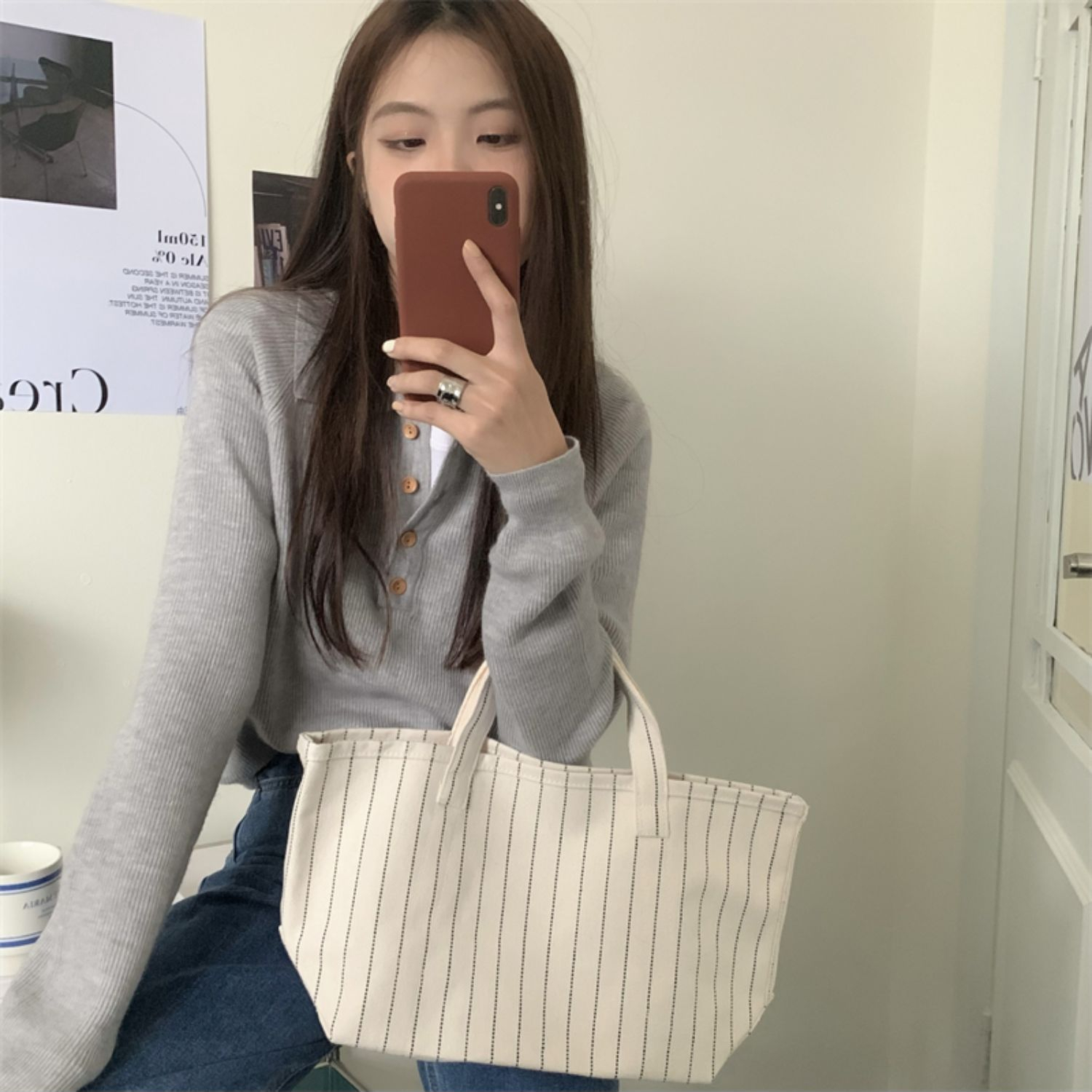 polo翻領灰色針織衫女薄寬鬆顯瘦慵懶風奶系穿搭春季外套軟糯毛衣