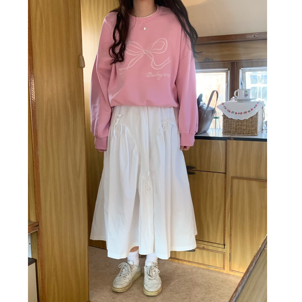 簡約 少女感 蝴蝶結 三色衛衣+白色 蝴蝶結半裙