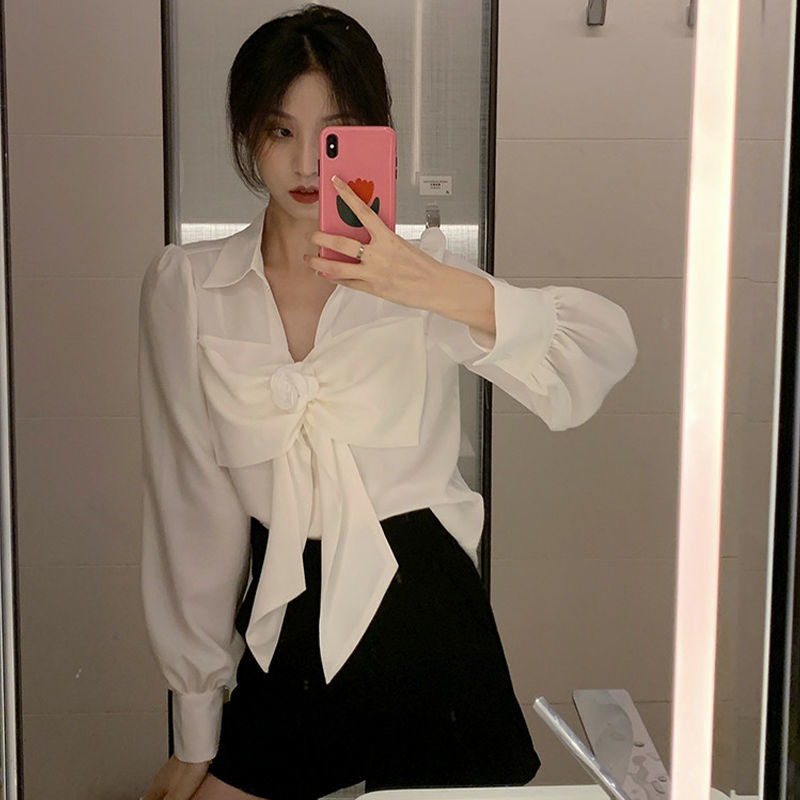 2024春秋新款設計感別致蝴蝶結上衣女v領泡泡袖氣質白色襯衫襯衣