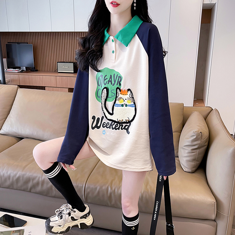 實拍雪花珠地 春秋polo領衛衣女新款早秋洋氣減齡寬鬆設計感上衣