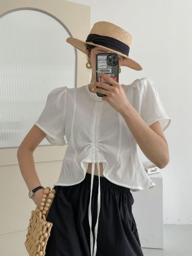 Size update chic summer French style niche design drawstring waist puff sleeve short shirt top